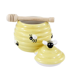 Honigtopf Bienenkorb Keramik mit Honigheber Holz