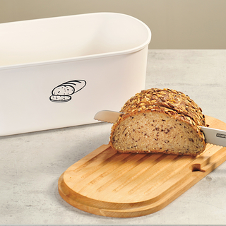 Brotkasten Brotbox mit Schneidbrett, weiß matt, oval, Melamin/Buche, BPA frei - lebensmittelecht, ca. 34 x 18 x 14 cm, 1 Stück
