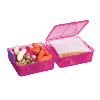 Sistema Lunchbox Würfel Frühstücksbox Sandwichdose, 3-fach unterteilt, farblos transparent, pinke Verschlussklemme, ca. 1.4 l