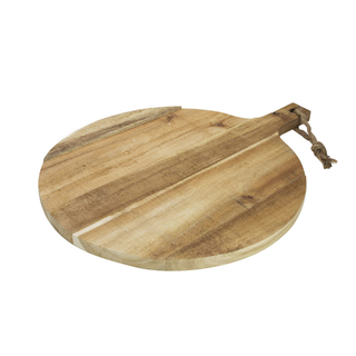 Doppelseitiges Servierbrett Anrichtebrett Küchenbrett groß, rund mit Griff, Akazienholz, ca. Ø 39 x 52 x 2 cm (ohne Griff), Holzmaserung