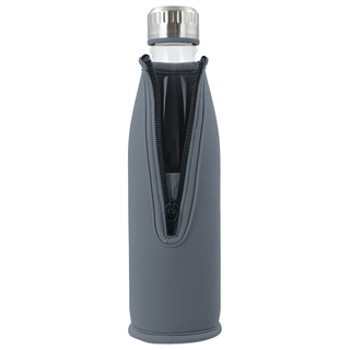 Glastrinkflasche Glasflasche Trinkflasche DREE mit Schutzhülle, 100% Auslaufsicher, Glas/Edelstahl/Neopren, ca. 6.5 x 26.5 cm, ca. 620 ml, hellgrau