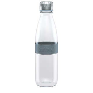Glastrinkflasche Glasflasche Trinkflasche DREE mit Schutzhülle, 100% Auslaufsicher, Glas/Edelstahl/Neopren, ca. 6.5 x 26.5 cm, ca. 620 ml, hellgrau
