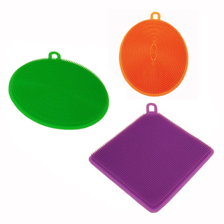 Silikonschwamm Reinigungsschwamm Spülschwamm 3 teilig Set, 100% lebensmittelechter Silikon, Ø ca. 11 cm, je 1 x eckig (lila), rund (grün), oval (orange)