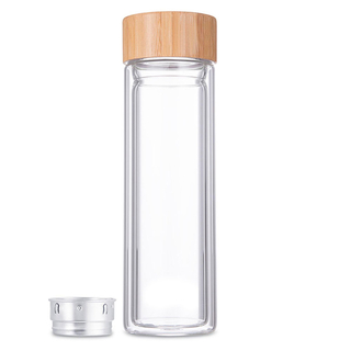 Trinkflasche Wasserfasche Thermoflasche mit Teeeinsatz, doppelwandiges Glas, Bambusdeckel, ca. Ø 7.4 x 23.7 cm, Volumen ca. 0.4 l
