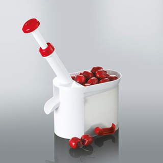Kirschentkerner Kirschentsteiner Kirschkernentferner mit Saugfuß, Kunststoff/Edelstahl, ca. 19 x 9.5 x 25.5 cm, weiß/rot