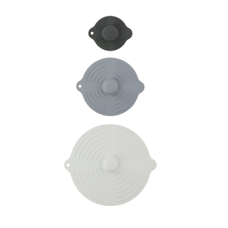 Silikondeckel-Set mit Knauf und Aufhängeöse, 3 teilig, Ø ca 12, 20, und  28 cm, Farbe: schwarz grau hellgrau