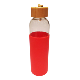 Trinkflasche Glastrinkflasche Wasserflasche mit Silikonmantel und Bambusdeckel, Glas/Silikon/Bambus, auslaufsicher, ca. Ø 6.5 x 22.5 cm, Volumen ca. 0.5 l, rot