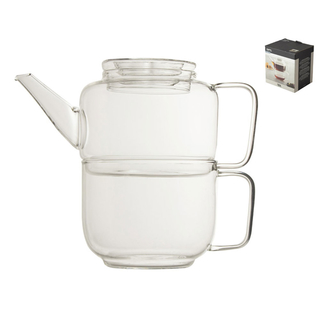 Teekanne Kaffeekanne Glaskanne mit Teetasse, 2tlg., hochwertiges hitzebeständiges Borosilikatglas, Kanne ca. Ø 10 x 17.5 x 8 cm, Tasse ca. Ø 10 x 12.5 x 8 cm, Volumen insgesamt ca. 800ml