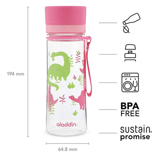 Trinkflasche AVEO 0.35l, Dino Outdoorflasche Wasserflasche mit Drehschnellverschluss auslaufsicher Kunststoff BPA-frei mit Decor ca. 0,35 l