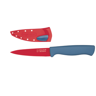 Spickmesser, kleines Küchenmesser 9.5 cm, Schutzhülle mit integriertem Schärfer, Edelstahl Kunststoff, rot grau