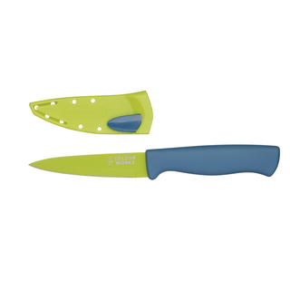 Spickmesser, kleines Küchenmesser L ca 20 cm Klingenlänge ca. 9.5 cm, Schutzhülle mit integriertem Schärfer, Edelstahl Kunststoff, grün grau