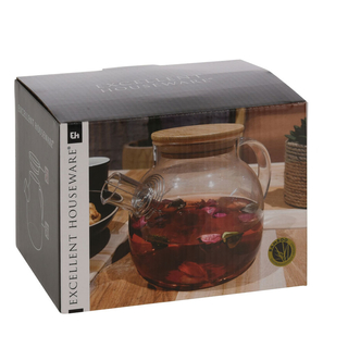 Teekanne Glasteekanne mit Holzdeckel Volumen ca. 1L inclusive Spiralsieb aus Edelstahl