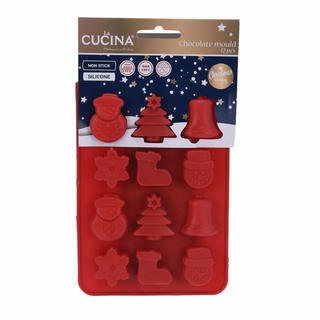 Schokoladenform Pralinenform 12 Minibackformen mit  6 verschiedene Motive , Silikon , Weihnachten  rot Maße: L  ca. 19,5 x B 14 x H 1,5 cm