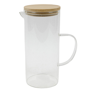 Glaskrug Wasserkaraffe Glaskanne Kühlschrankkrug, mit Griff, Borosilikatglas mit Bambusdeckel, ca. 1l hitzebeständig