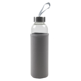Glastrinkflasche Schraubflasche Trinkflasche mit Neopren-Schutzhülle, Glas/Edelstahl, 100% auslaufsicher, Volumen ca.0,5 l -  grau