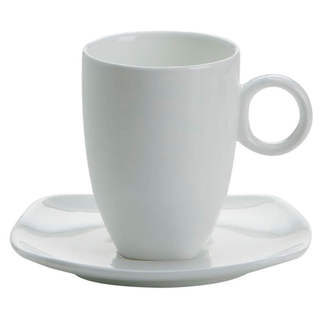 Espressotasse mit Untertasse, Mokkatasse Porzellantasse, schlanke Form ,eckig-ovale Untertasse, Material: Bone China  , Volumen: ca. 80 ml, Farbe : weiß
